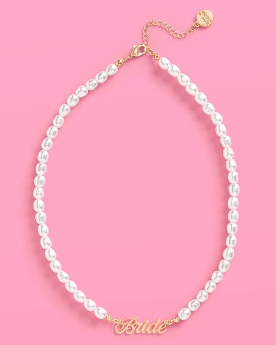 xo, Fetti Bride Pearl Beaded Necklace, 16" Choker, Bride Gold Nameplate | Bachelorette Party Decorations, Bridesmaid Gift, Bridal Shower, Wedding