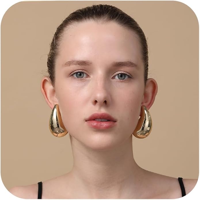 Apsvo Chunky 14K Gold Plated Hoop Earrings for Women, Lightweight Waterdrop Hollow Open Hoops, Hypoallergenic Dupes Earrings