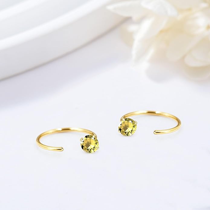 14K Gold Birthstone Huggie Half Hoop Earrings for Women,Round-cut Created Gemstone Minimalist Tiny Earring(4MM*2) Anniversary Birthday Mother's Day Jewelry for Mom Her