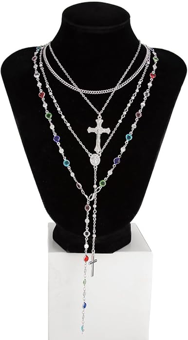 Gold Color Cross Pendant Necklace Set for Women,Dainty Big Crystal Cross Imitation pearl Layered Chain Necklace Summer Party Jewelry