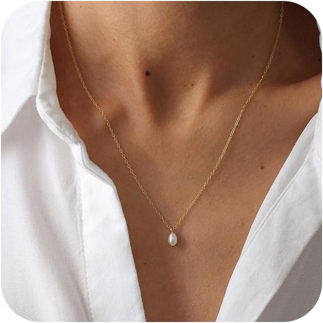 Gold Pearl Necklaces for Women Trendy 14k Gold Plated Dainty Necklace Simple Pearl Drop Single Charm Pendant Necklace Women's Jewelry Best Friend Birthday Gifts Gold Jewelry for Women
