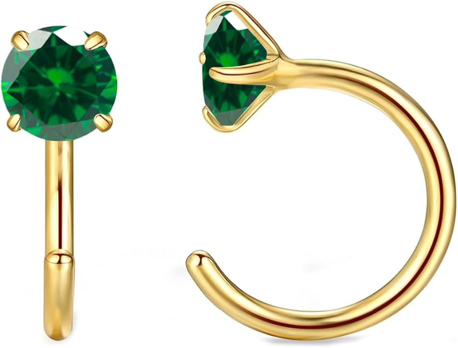 14K Gold Birthstone Huggie Half Hoop Earrings for Women,Round-cut Created Gemstone Minimalist Tiny Earring(4MM*2) Anniversary Birthday Mother's Day Jewelry for Mom Her