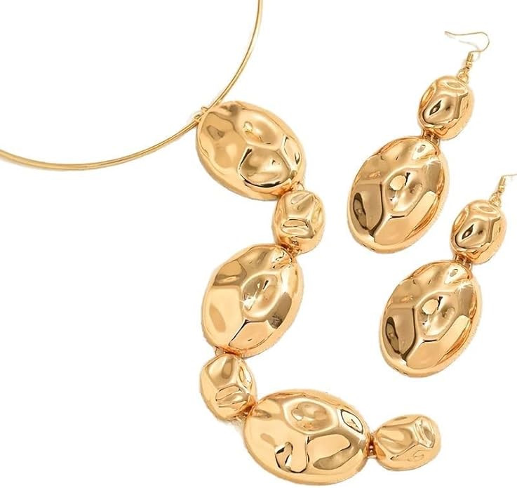 Gold Statement Necklace and Earring Set,Hammered Long Big Pendant Chunky Necklaces and Earrings Extra Large Long Accessories for Women Trendy Jewelry Set Gifts