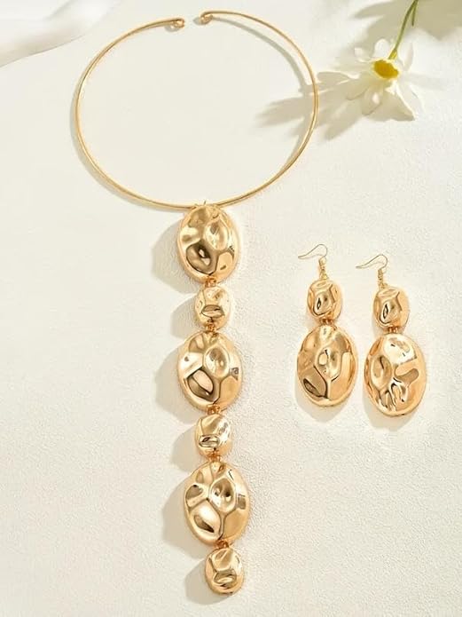 Gold Statement Necklace and Earring Set,Hammered Long Big Pendant Chunky Necklaces and Earrings Extra Large Long Accessories for Women Trendy Jewelry Set Gifts