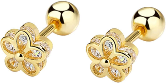18K Gold Plated Sterling Silver Cubic Zirconia Screw Back Small Trendy Dainty Cute Flower Stud Earrings for Women with Jewelry Rose Box