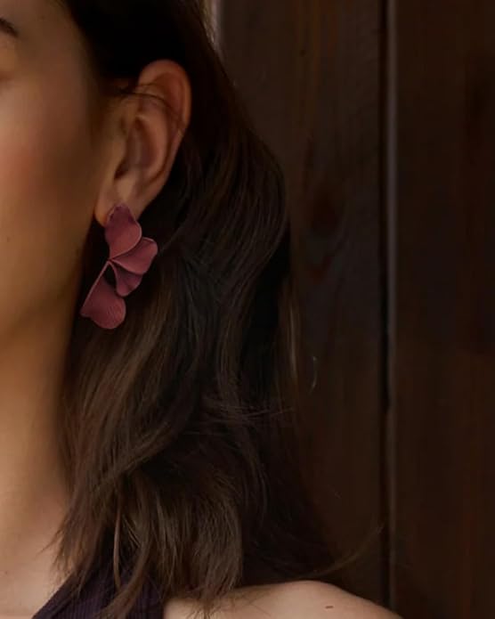 Flower Earrings For Women Large Brown and Wine Red Painted Floral Dangle Statement Earring Chunky Burgundy Fall Earrigs Gift