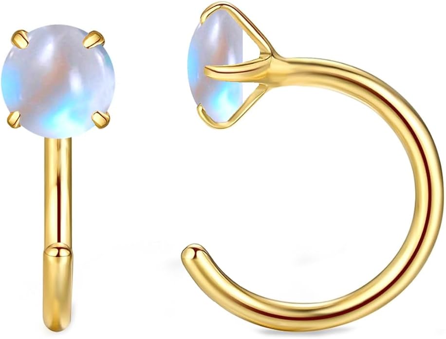 14K Gold Birthstone Huggie Half Hoop Earrings for Women,Round-cut Created Gemstone Minimalist Tiny Earring(4MM*2) Anniversary Birthday Mother's Day Jewelry for Mom Her