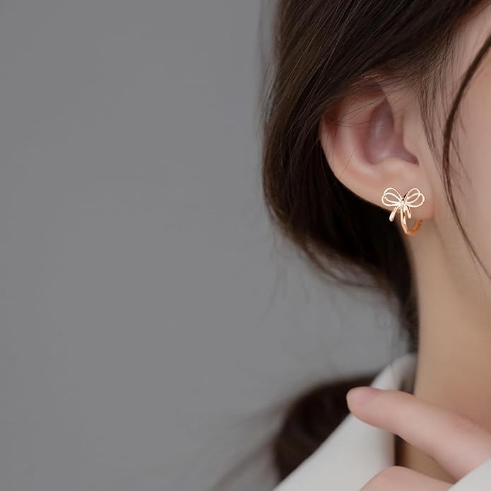 Reffeer Solid 925 Sterling Silver Bow Hoop Earrings Ribbon for Women Teen Girls Bowknot Hoop Earrings Huggie