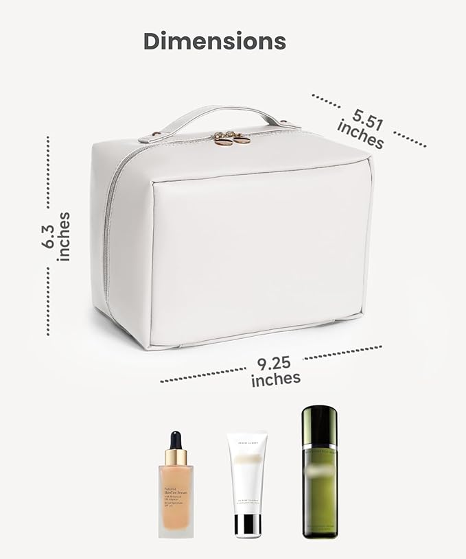 Travel Makeup Organizer Bag, Large Capacity Cosmetic Bags with Multiple Compartments, Open-Flat Toiletry Bag Portable Waterproof Pouch for Women Beauty Essentials (White)