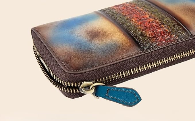 Women's cowhide leather zipper wallet retro carved multi-layer handbag design (Retro Purple Blue)
