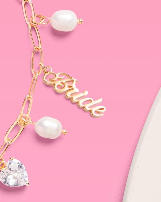 xo, Fetti Gold Bride Charm Bracelet | Pearl Bachelorette Accessory, Rhinestone Bridal Jewelry, Bach Party Decorations, Bridesmaid Gift, Wedding Chain Bangle