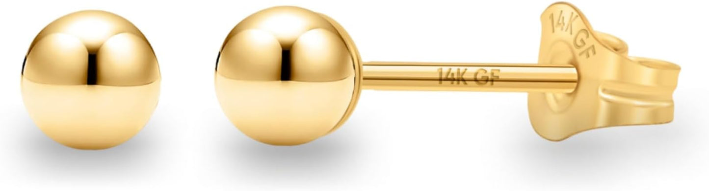 Kezef 14K Gold Filled Ball Stud Earrings for Women - Thick 14K Gold Layer, Hypoallergenic for Sensitive Ears, Round Studs | 3mm-9mm