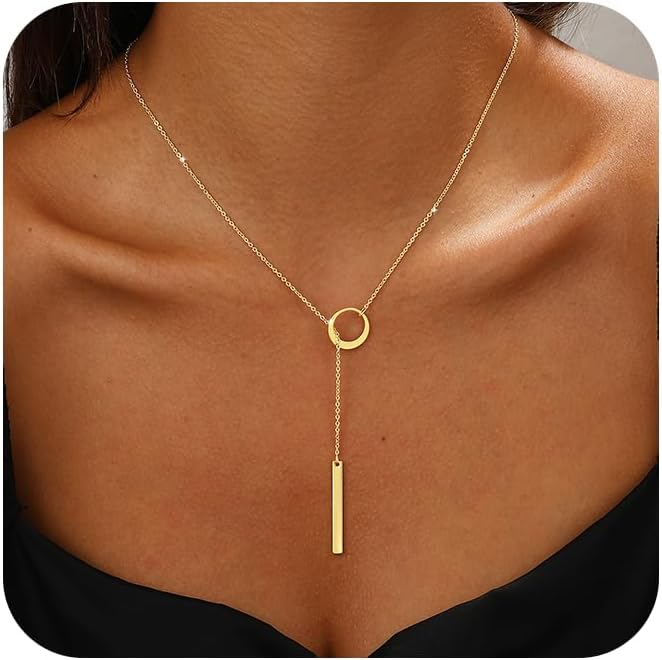 Long Gold Necklace for Women Trendy, Dainty Layered Lariat Necklace 14k Gold Plated Silver Y Shaped Beaded Chain Non Tarnish Drop Necklaces Simple Adjustable Jewelry Gift