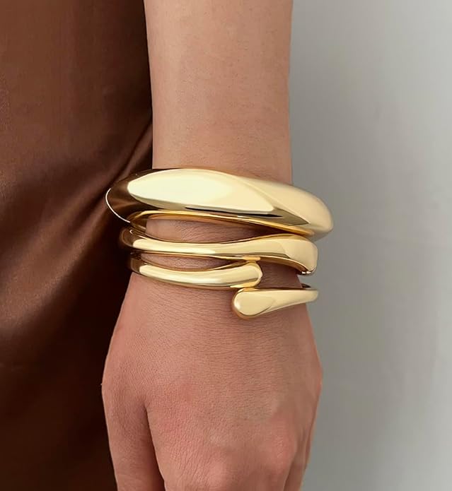 Chunky Gold Bangle Bracelets for Women, Dainty 14k Gold Plated Big Stackable Bangles Set, Trendy Statement Cuff Bracelet Stack Fashion Jewelry Christmas Gifts