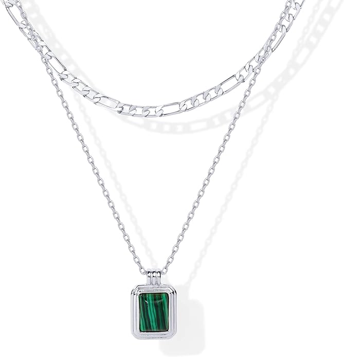 PAVOI 14K Gold Plated Layered Necklaces for Women | Gemstone Pendant Figaro Chain Necklace | Carnelian, Green Aventurine, Malachite Layering Necklace