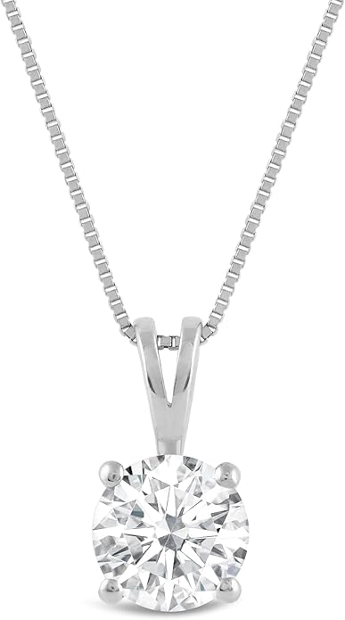 Everyday Elegance Solid 14K Gold Cubic Zirconia Solitaire Pendant Necklace for Women Heart, Princess, Round, Oval, Emerald, Pear & Cushion Cut 1 or 2 CTW | .60mm Thick 16" 18" Length Box Link Chain