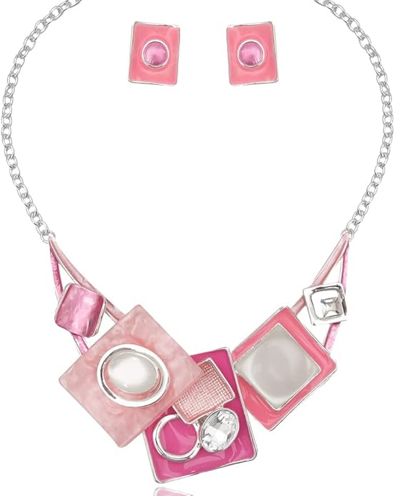 CSY Fashion Boho Oval Crystal Opals Statement Bib Necklace Earrings Bohemian Enamel Costume Jewelry Set Gifts for Women