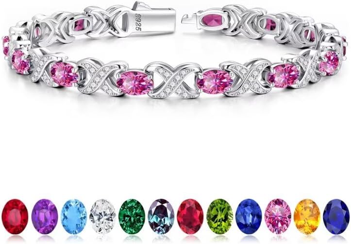 Iefil Oval Birthstone Tennis Bracelets for Women Wife, Unique X O Design Fine Jewelry Valentine's Day Gift Anniversary Birthday Gift 925 Sterling Silver Birthstone Jewelry for Mom Girlfriend Her