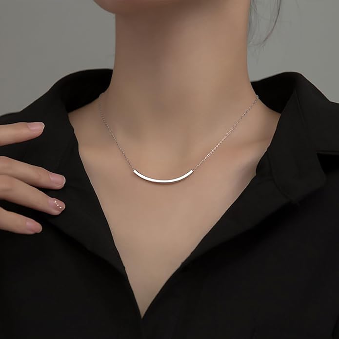 SLUYNZ Solid 925 Sterling Silver Minimalist Bar Choker Necklace for Women Teens Curved Tube Bar Pendant Necklace
