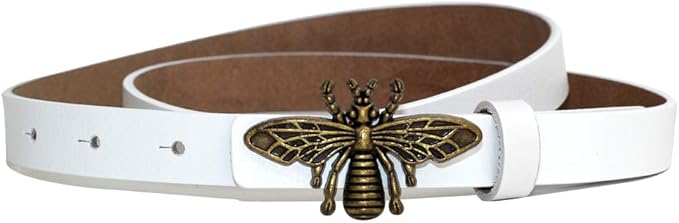 Women's 0.7″Thin Vintage Copper Bee Buckle Leather Belts Casual Dress Belts