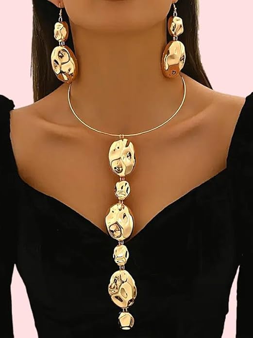Gold Statement Necklace and Earring Set,Hammered Long Big Pendant Chunky Necklaces and Earrings Extra Large Long Accessories for Women Trendy Jewelry Set Gifts