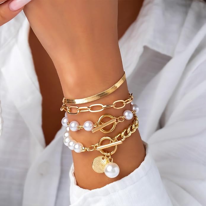14K Gold OT Buckle Coin Pearl Paperclip Stacked Bracelet Set for Women, Statement Snake Pearl Paper Clip Bracelets Stack Dainty Prom Party Jewelry Gift