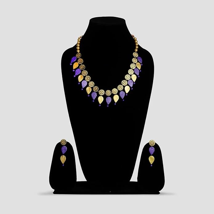 Purple & Golden Clay Jewelry Set – Handmade Boho Dangle Earrings & Minimalist Necklace for Women, Artisan Statement Accessories, Festival Wear & Unique Gift Idea