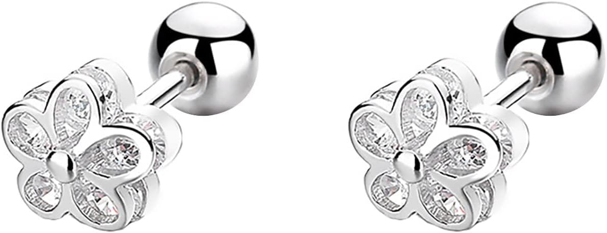 18K Gold Plated Sterling Silver Cubic Zirconia Screw Back Small Trendy Dainty Cute Flower Stud Earrings for Women with Jewelry Rose Box