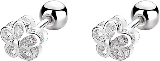 18K Gold Plated Sterling Silver Cubic Zirconia Screw Back Small Trendy Dainty Cute Flower Stud Earrings for Women with Jewelry Rose Box