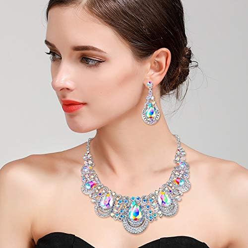BriLove Women's Costume Fashion Crystal Teardrop Hollow Scroll Statement Necklace Dangle Earrings Set