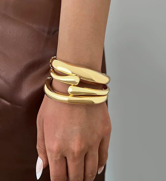 Chunky Gold Bangle Bracelets for Women, Dainty 14k Gold Plated Big Stackable Bangles Set, Trendy Statement Cuff Bracelet Stack Fashion Jewelry Christmas Gifts