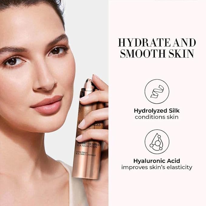 LUMINESS Silk Airbrush Spray Foundation & Buffing Brush Kit – Full Coverage Foundation & Dual-Sided Buffing Brush - Buildable Coverage, Anti-Aging Formula Hydrates & Moisturizes (Shade - Medium Warm)