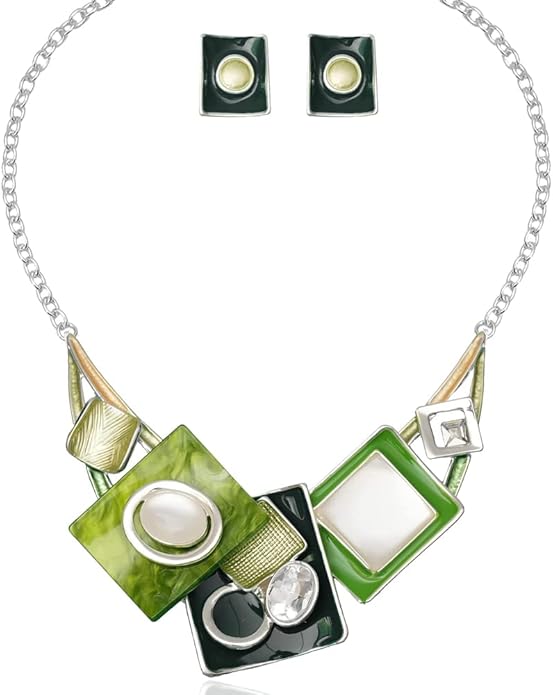 CSY Fashion Boho Oval Crystal Opals Statement Bib Necklace Earrings Bohemian Enamel Costume Jewelry Set Gifts for Women