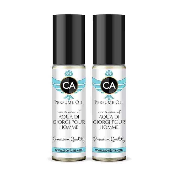 CA Perfume Impression of Aqua Di Giorgi Pour Homme Eau De Parfum Woody Aquatic Scent Long Lasting Cologne for Men Travel Size TSA Ready for Day and Night Wear 0.33 Fl Oz 10ml (Pack of 2)