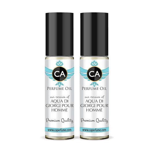 CA Perfume Impression of Aqua Di Giorgi Pour Homme Eau De Parfum Woody Aquatic Scent Long Lasting Cologne for Men Travel Size TSA Ready for Day and Night Wear 0.33 Fl Oz 10ml (Pack of 2)