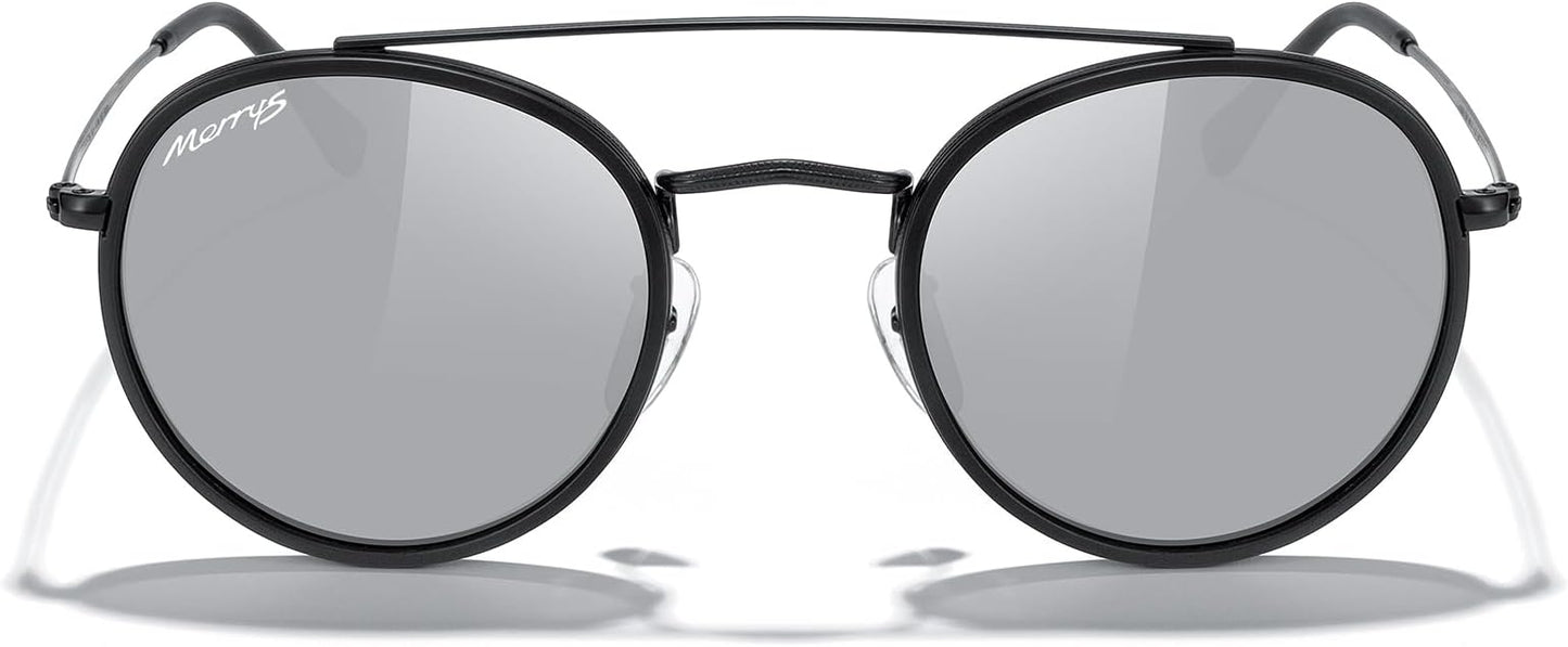 MERRY'S Retro Round Polarized Sunglasses - Unisex Double Bridge Sun Glasses