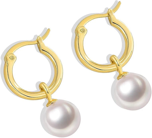 14K Gold/White Gold Plated Minimalist Pearl Hoop Earrings,Huggies Dangle Earrings Jewelry
