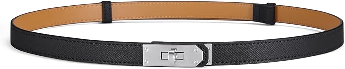 Skinny Leather Belts for Women with Adjustable Silver Turn-Lock Buckle for Dresses Jeans and Pants