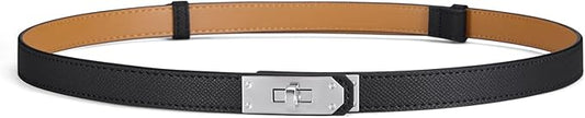 Skinny Leather Belts for Women with Adjustable Silver Turn-Lock Buckle for Dresses Jeans and Pants