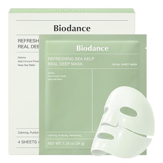 BIODANCE Refreshing Sea kelp Real Deep Mask, Overnight Hydrogel Mask, Calming, Oil & Sebum Control, Blemish Care, Korean Skin Care, Gifts for Women | 1.19oz(34g) x 4ea