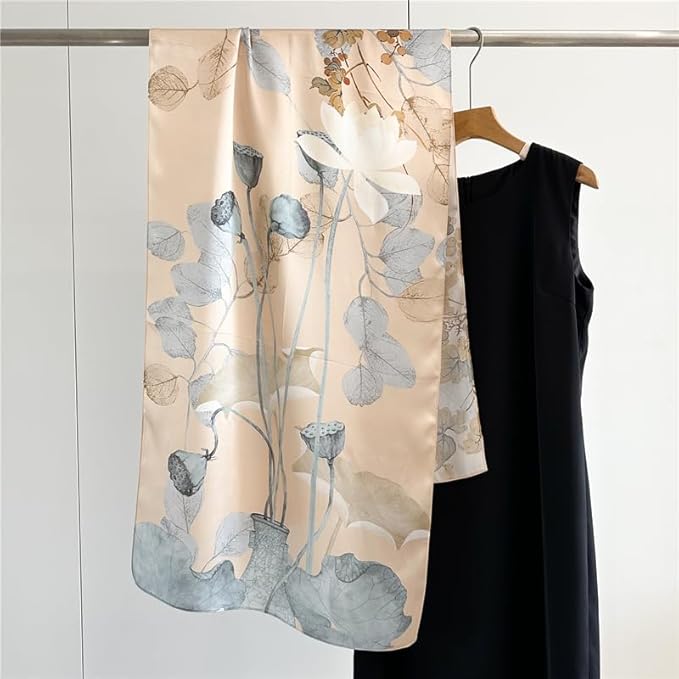 100% Mulberry Silk Scarfs for Women Floral Print Satin Long Scarf for Headscarf Hair Wraps Shawl with Gift Packed