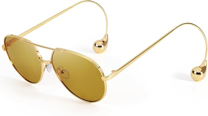 SODQW Trendy Aviator Sunglasses for Women with Earring Gold Metal Frame Fashion Sun Glasses