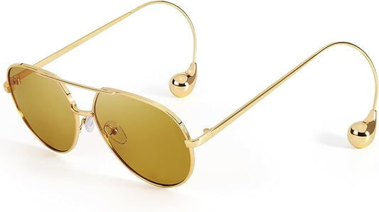 SODQW Trendy Aviator Sunglasses for Women with Earring Gold Metal Frame Fashion Sun Glasses