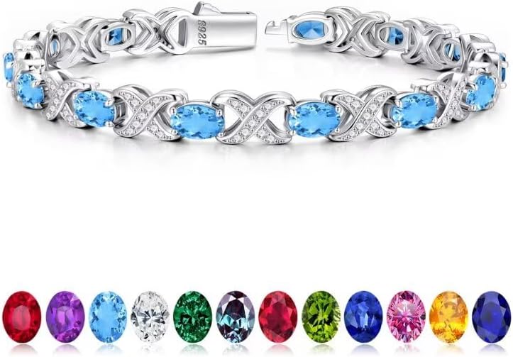 Iefil Oval Birthstone Tennis Bracelets for Women Wife, Unique X O Design Fine Jewelry Valentine's Day Gift Anniversary Birthday Gift 925 Sterling Silver Birthstone Jewelry for Mom Girlfriend Her