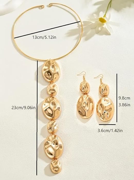Gold Statement Necklace and Earring Set,Hammered Long Big Pendant Chunky Necklaces and Earrings Extra Large Long Accessories for Women Trendy Jewelry Set Gifts