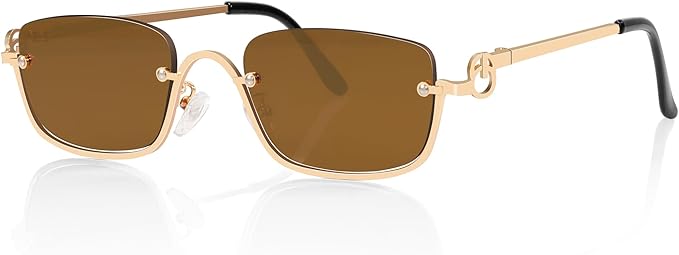 Retro Y2k Sunglasses for Women Men,Trendy Semi-Rimless Sun Glasses Irregular Narrow Gold Sunnies UV400