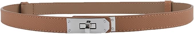 Women's Skinny Leather Belt with Adjustable Silver Turn-Lock Buckle - Ideal for Dresses, Jeans, and Coats, Black