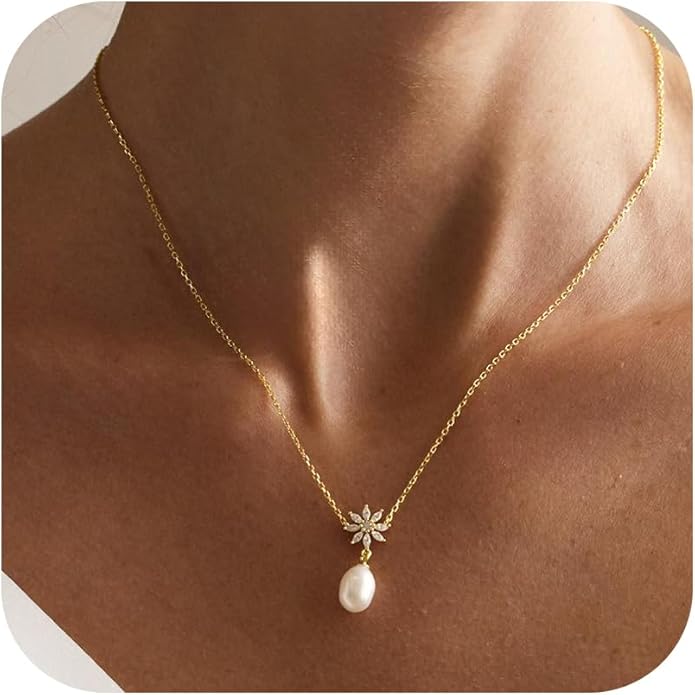 Valentines Day Gifts for Her - 14K Gold Plated Pearl Necklaces for Women Trendy Dainty Necklace Simple Layered Pearl Necklaces for Women Trendy Wedding Birthday Valentines Jewelry