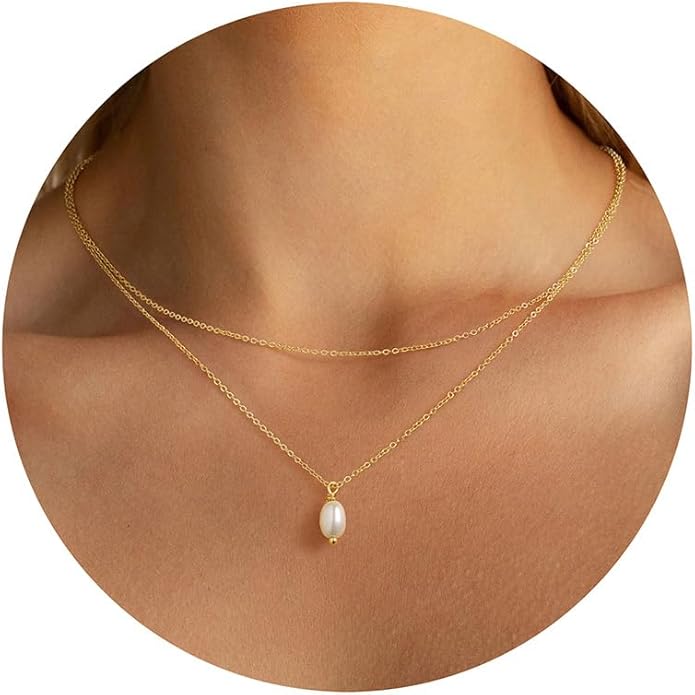 Yoosteel Pearl Necklace for Women - 14K Gold Plated Pearl Pendant Necklaces Minimalist Women Pearls Layered Necklace Dainty Trendy Bridal Bridesmaid Wedding Gifts for Her