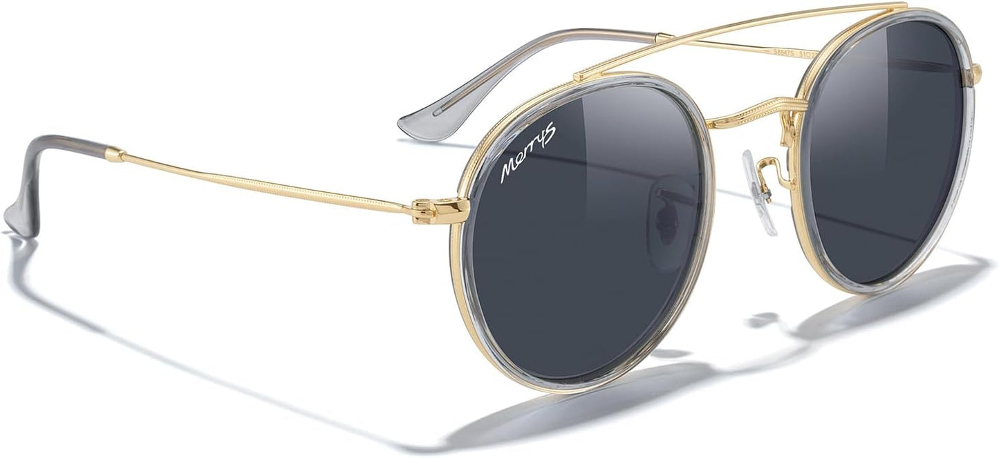 MERRY'S Retro Round Polarized Sunglasses - Unisex Double Bridge Sun Glasses
